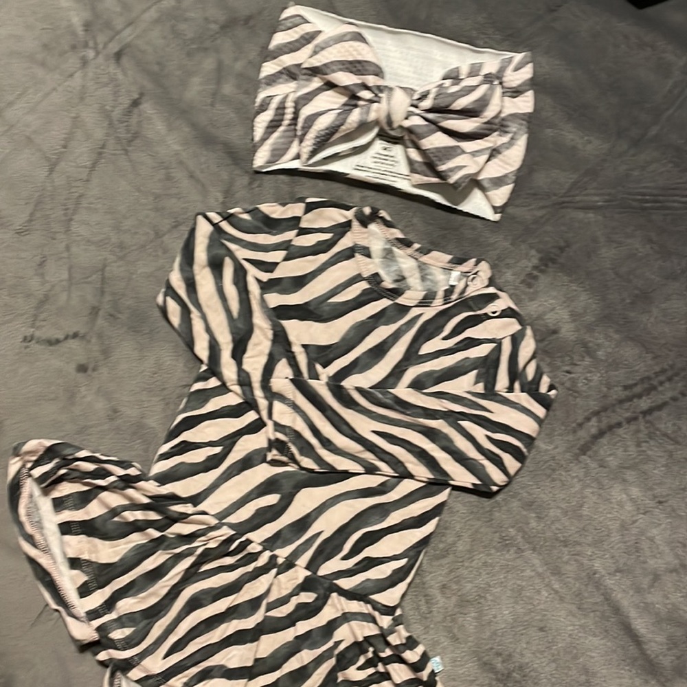 2 pc 6/12 & Headband Posh Peanut Koko Soft Pink Hues Zebra Twirl Dress LIKE NEW